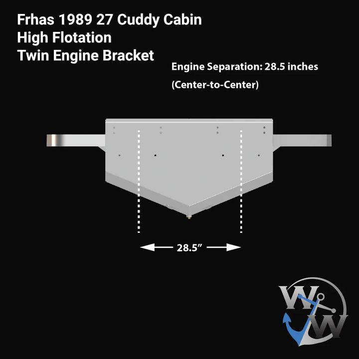 Frhas 1989 27 Cuddy Cabin High Flotation Twin Engine Bracket diagram, featuring a white silhouette of the bracket with dimensions labeled. The engine separation is indicated as 28.5 inches (center-to-center), with arrows pointing to the measurement