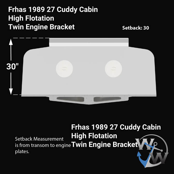 Illustration of a Frhas 1989 27 Cuddy Cabin High Flotation Twin Engine Bracket, featuring a 30-inch setback measurement from the transom to the engine plates