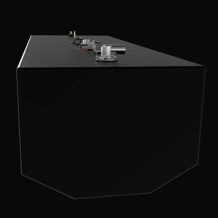 Perspective 3D rendering of a matte black marine-grade aluminum fuel tank with a textured coal-tar epoxy finish, showing the angular hull-following profile and a row of top-mounted stainless steel fuel fittings and a KUS sending unit on a solid black background.