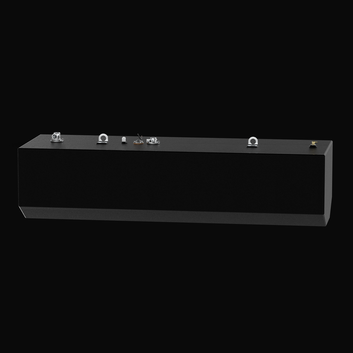 Side-profile 3D rendering of a long, matte black marine-grade aluminum fuel tank with a textured coal-tar epoxy finish, featuring top-mounted stainless steel lifting eyes, fuel fittings, and a KUS sending unit on a solid black background.