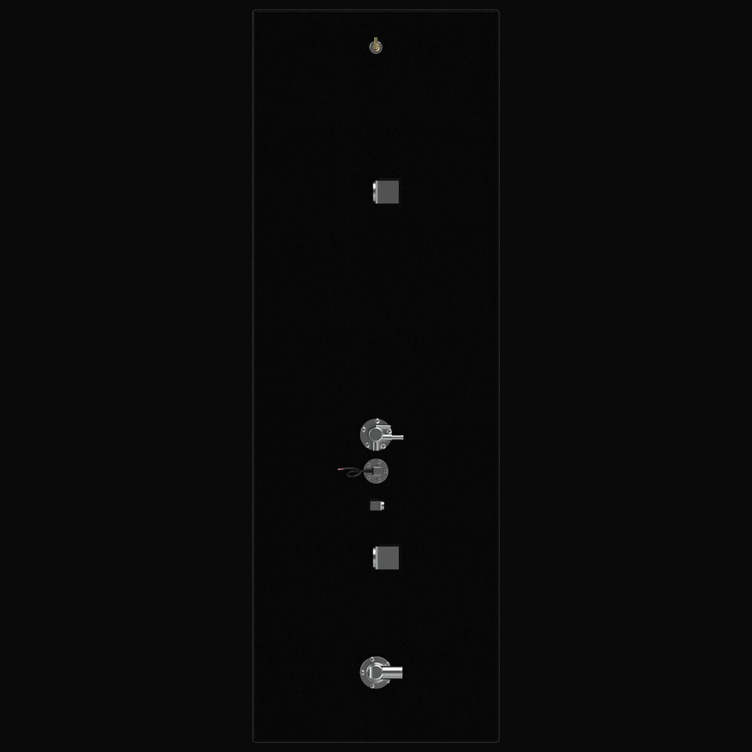 Top-down 3D rendering of a long, matte black marine-grade aluminum fuel tank featuring a row of precision-welded stainless steel fuel fittings, lifting eyes, and a center-mounted KUS sending unit, shown against a solid black background.