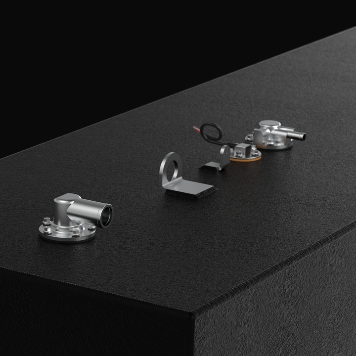 High-detail close-up 3D rendering of a matte black marine-grade aluminum fuel tank with a textured coal-tar epoxy finish, showcasing top-mounted stainless steel hardware, precision fittings, a KUS reed-switch sending unit, and a heavy-duty lifting eye.