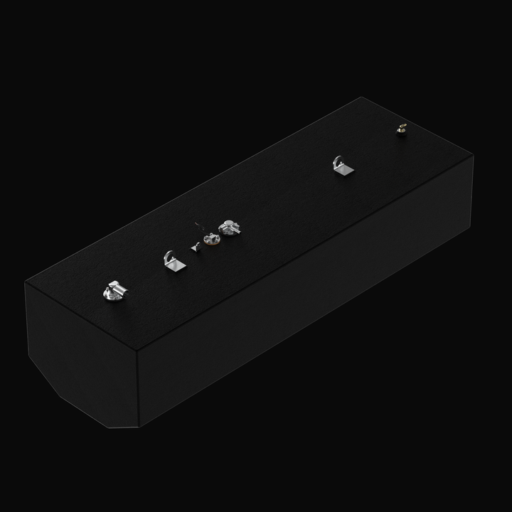 3D isometric rendering of a matte black 102-gallon replacement fuel tank for a Pursuit Denali 2460 boat, featuring heavy-duty aluminum construction with pre-installed KUS sending unit and fuel fittings, shown from a high-angle perspective against a solid black background.