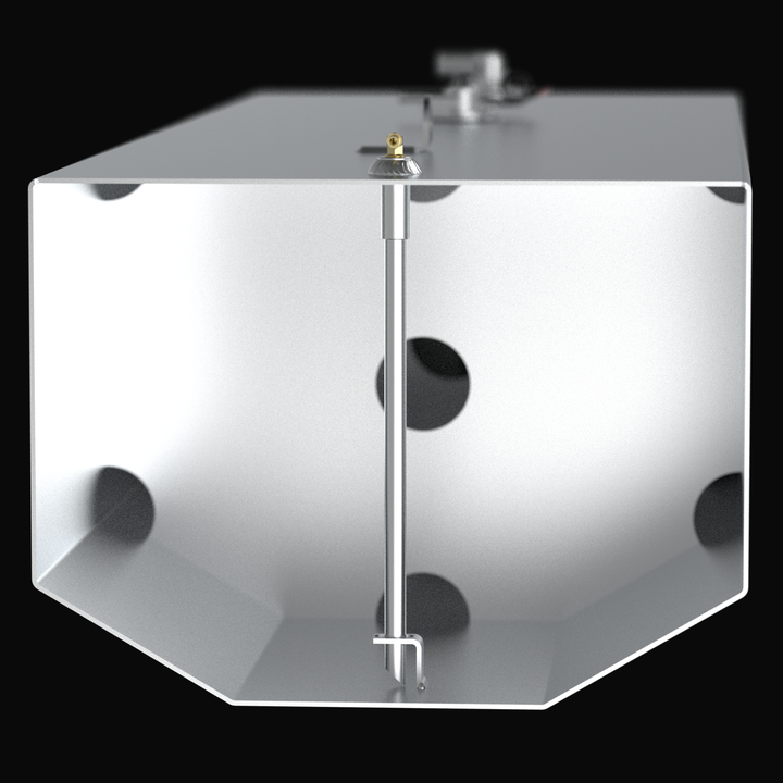 Cross-section 3D rendering of a marine-grade aluminum fuel tank interior, showcasing precision-engineered internal baffles with circular flow-holes and a center-mounted fuel pickup tube, designed for maximum fuel stability and structural integrity in offshore vessels.