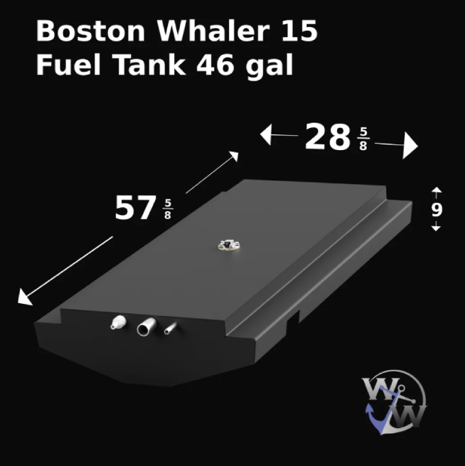 Boston Whaler 15 fuel tank with a 46-gallon capacity, designed for reliable fuel storage for small boat operations and recreational use