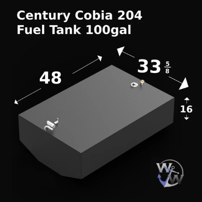 Century Cobia 204 fuel tank with a 100-gallon capacity, designed for extended offshore fishing and recreational boating with reliable fuel storage