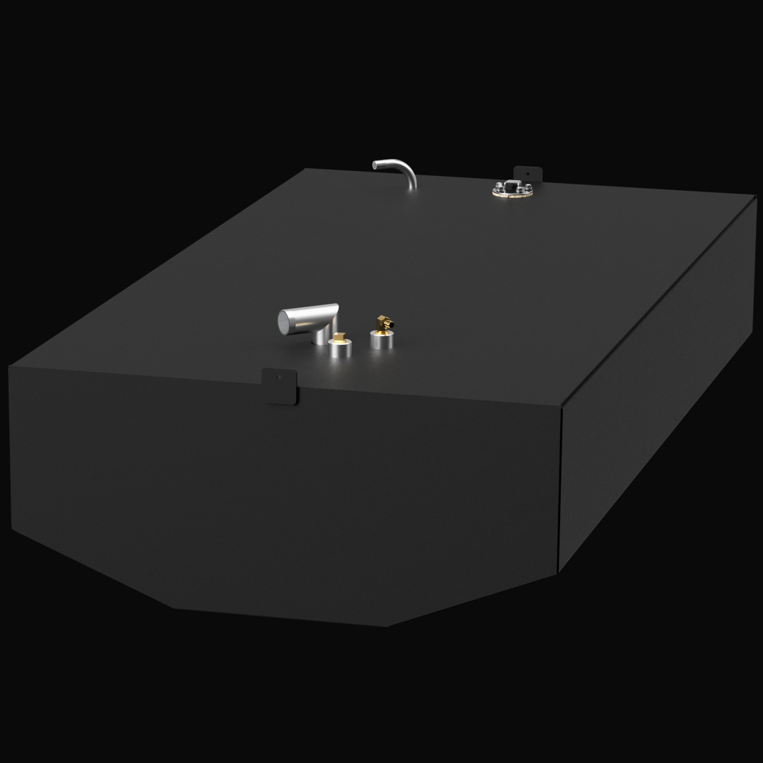 A 3D rendering of a rectangular, black marine fuel tank with a slanted front edge. It features several fittings on the top surface, including a silver fuel filler neck, two smaller brass-colored fittings, a silver cylindrical vent fitting, and a round black fuel level sender or access plate.