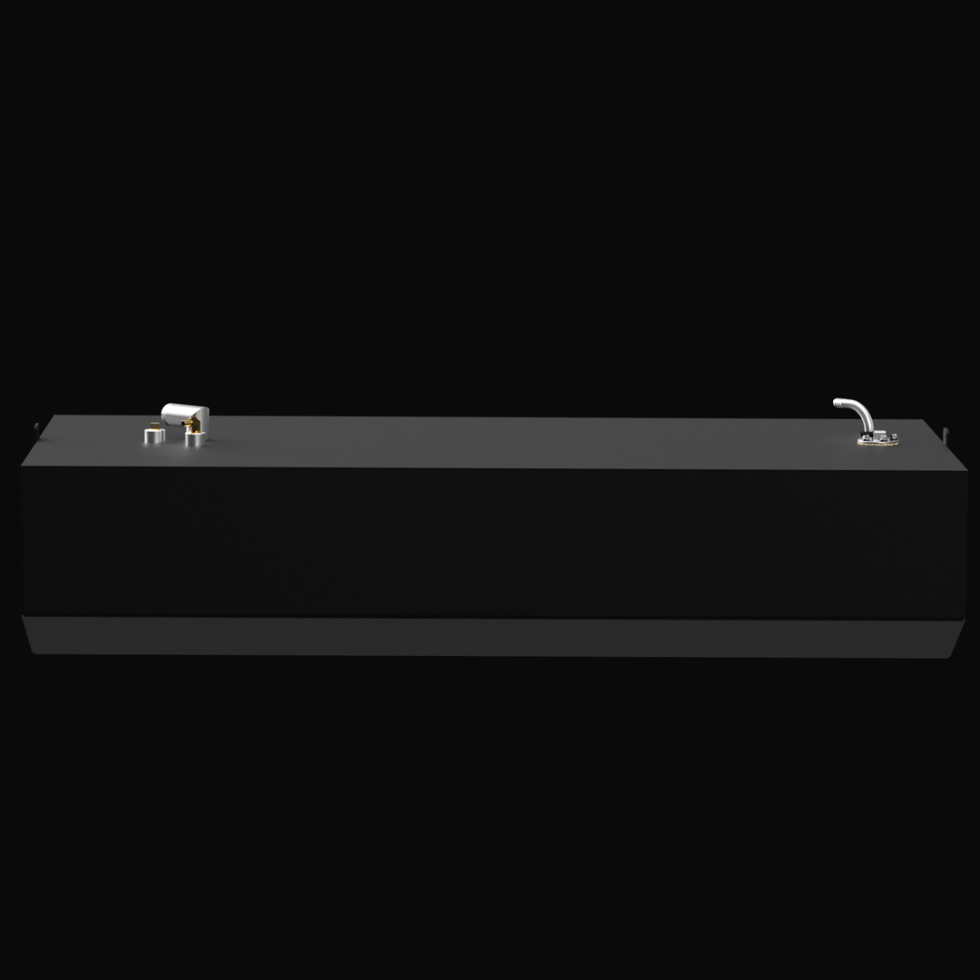 Long side view of a black marine fuel tank, highlighting the low-profile rectangular body and the fittings located on the top corners."