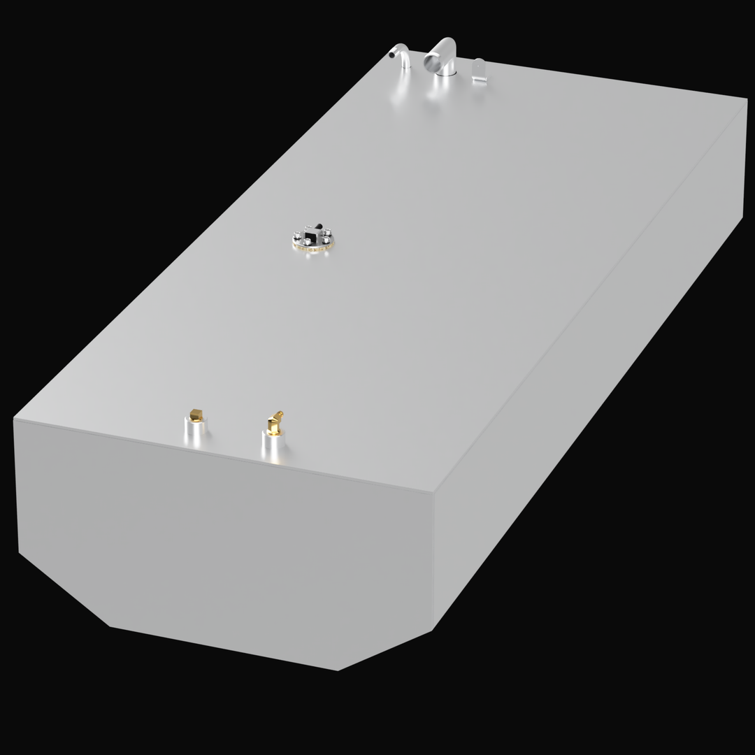 A 3D render of the Contender 21' 1996 88-gallon fuel tank, showing the long, light grey tank with a faceted bottom and three clusters of fittings on its top surface, against a black background.