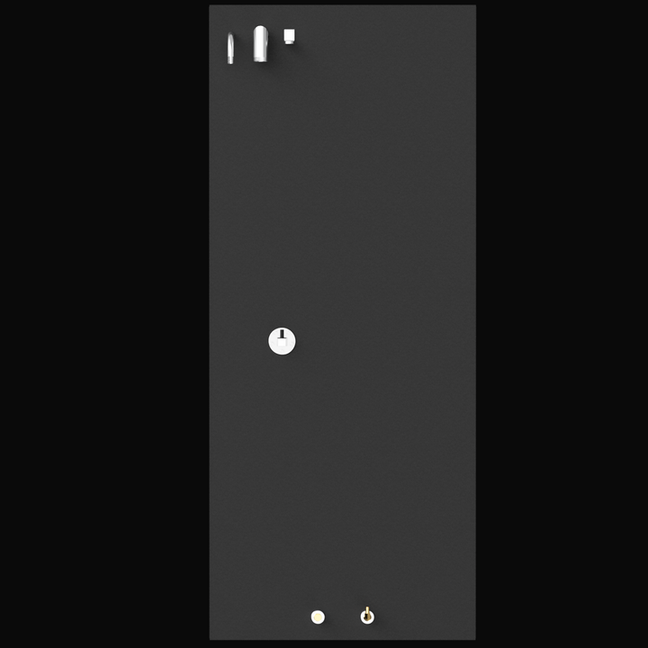 A direct top-down 3D render of a very long, rectangular, dark grey boat fuel tank, showing three distinct clusters of silver and brass-colored fittings scattered across its top surface, against a black background.