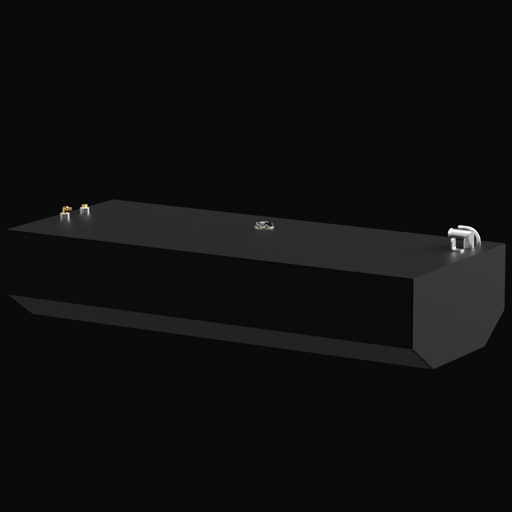 A 3D render of a long, rectangular, dark grey boat fuel tank, shown at an angle. The tank features three distinct clusters of metallic fittings on its top surface, against a black background.