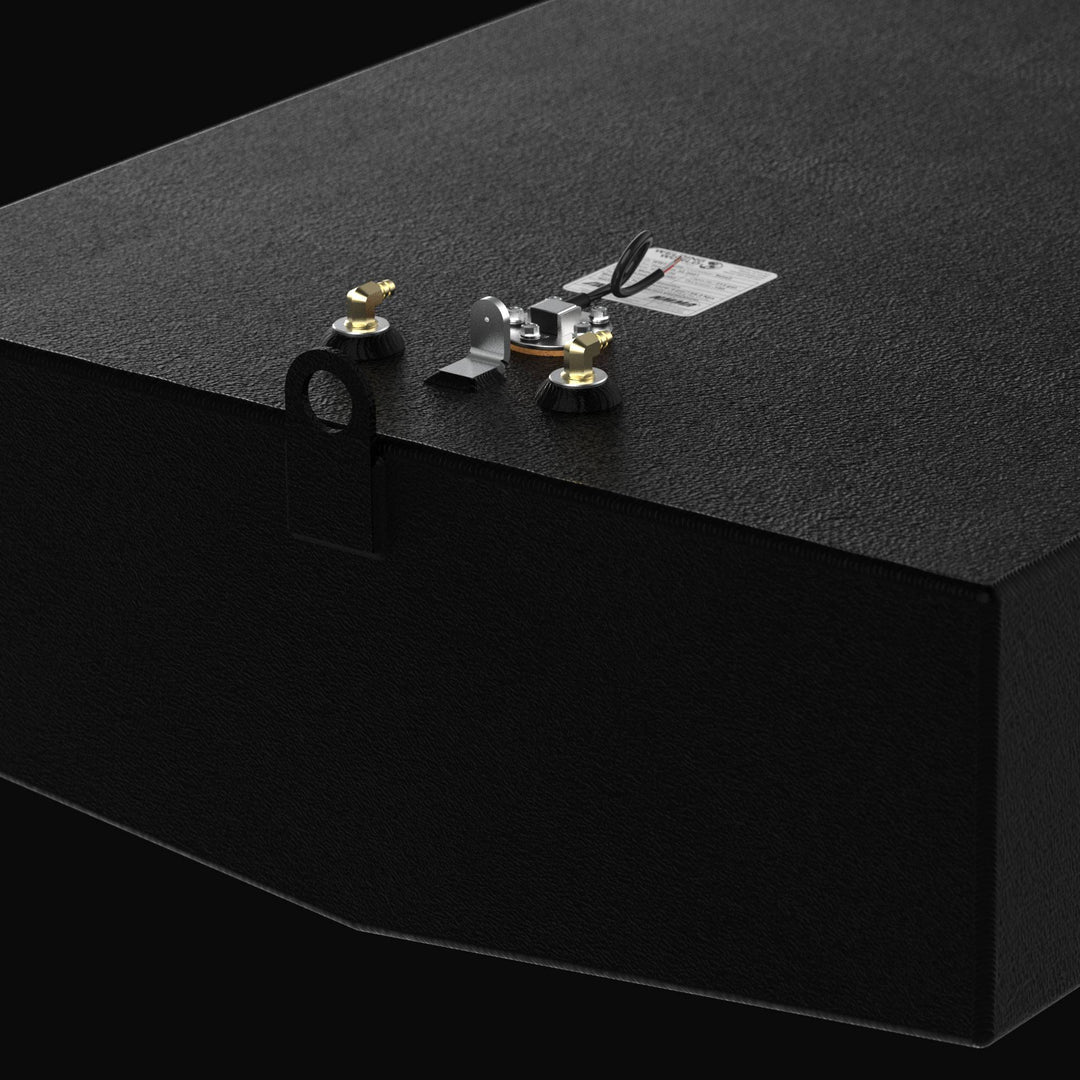 Close-up view of the mounting tabs and heavy-duty Coal Tar Epoxy finish on a 213-gallon Fountain 30 (2001) fuel tank. This angle demonstrates the thick, protective encapsulation and precision welding on the 5052-H32 aluminum, ensuring a durable and guaranteed OEM fit for high-performance offshore use.