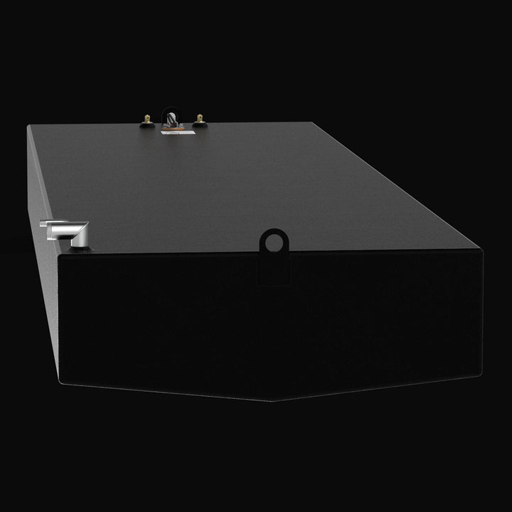 Close-up profile of the 213-gallon Fountain 30 (2001) fuel tank showcasing the thick, uniform application of the Coal Tar Epoxy coating. The image highlights the rugged structural welds and heavy-duty mounting tabs, ensuring a corrosion-resistant and guaranteed OEM fit for high-performance offshore boating.