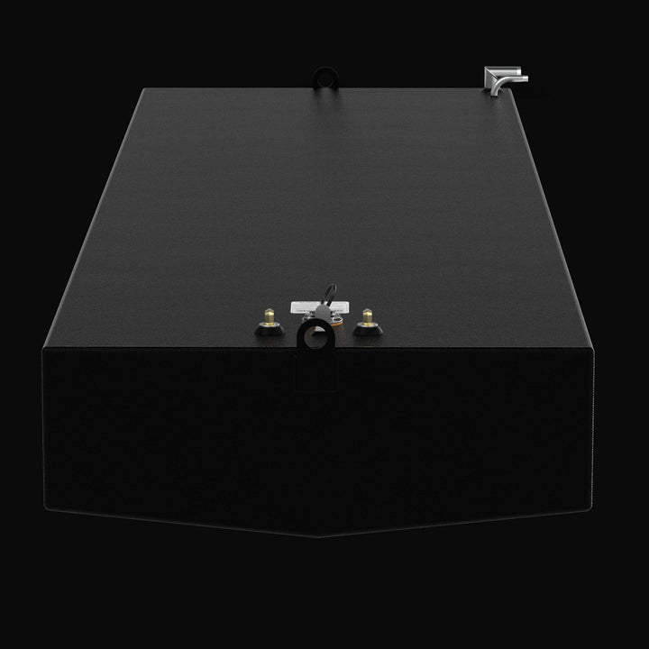 Close-up of the 213-gallon Fountain 30 (2001) fuel tank showing the heavy-duty Coal Tar Epoxy finish applied to the aluminum surface. This angle highlights the robust mounting tab and high-build coating, ensuring a 100% sealed, corrosion-resistant, and guaranteed OEM fit for high-performance marine environments.