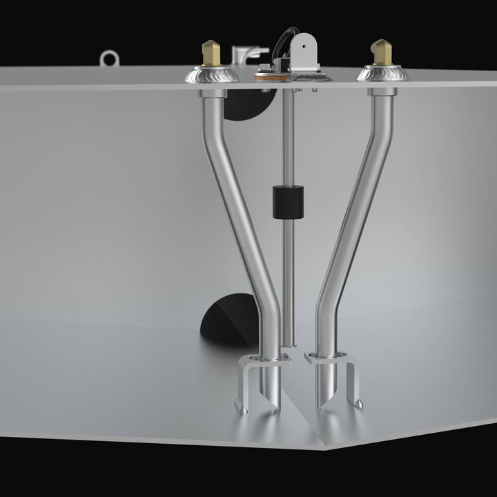 Close-up of the 213-gallon Fountain 30 (2001) fuel tank showing the precision TIG-welded 1.5-inch fuel fill and .625-inch vent ports. The image highlights the seamless Coal Tar Epoxy encapsulation and the heavy-duty construction designed for a guaranteed OEM fit in high-performance offshore hulls.
