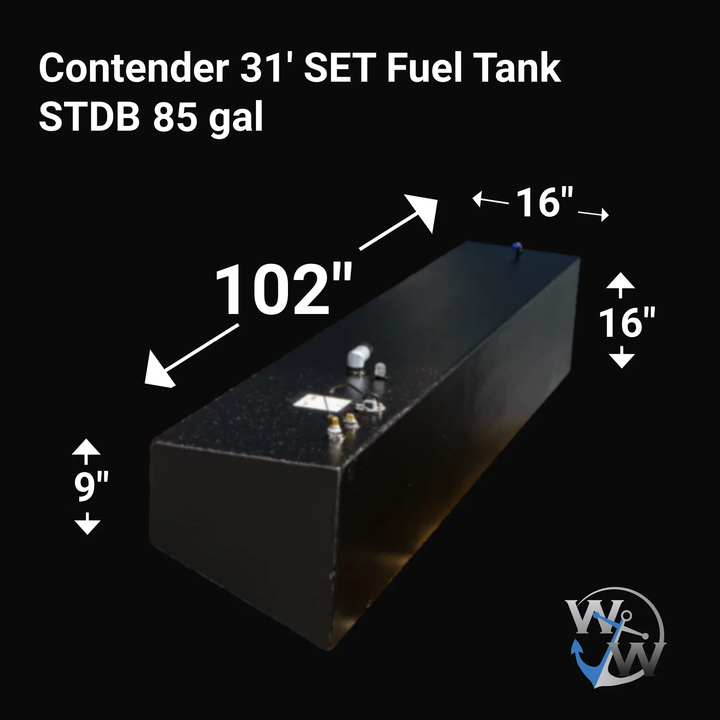 Contender 31' OEM Replacement Fuel Tank Combo Kit featuring one large belly tank with a capacity of 128 gallons, two standard saddle tanks each with a capacity of 85 gallons, and one water tank with a capacity of 21.26 gallons. The image shows a standard saddle tank measuring 102 inches in length, 16 inches in width, and 9 inches in height