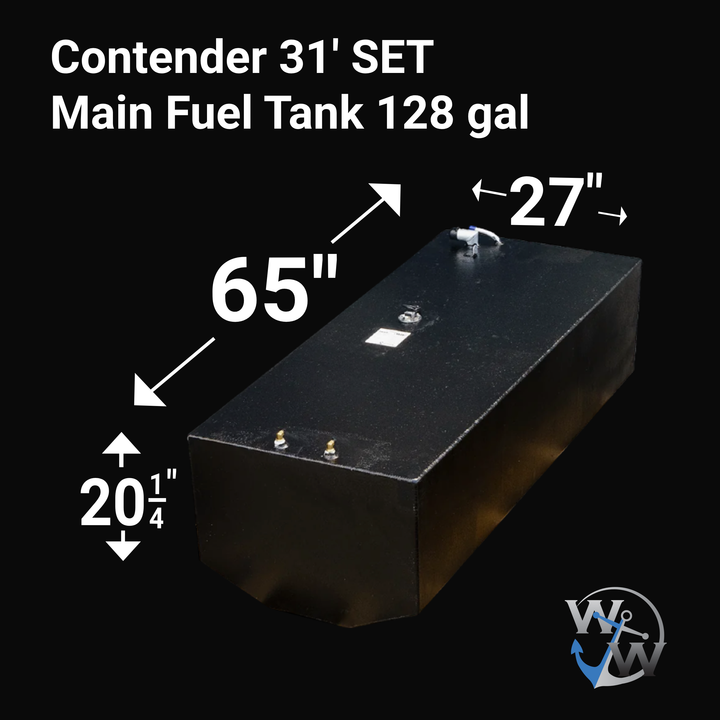 Contender 31' OEM Replacement Fuel Tank Combo Kit featuring a large belly tank with a capacity of 128 gallons, two standard saddle tanks with a capacity of 85 gallons each, and a water tank with a capacity of 21.26 gallons. The main fuel tank is shown with dimensions of 65 inches in length, 27 inches in width, and 20.25 inches in height