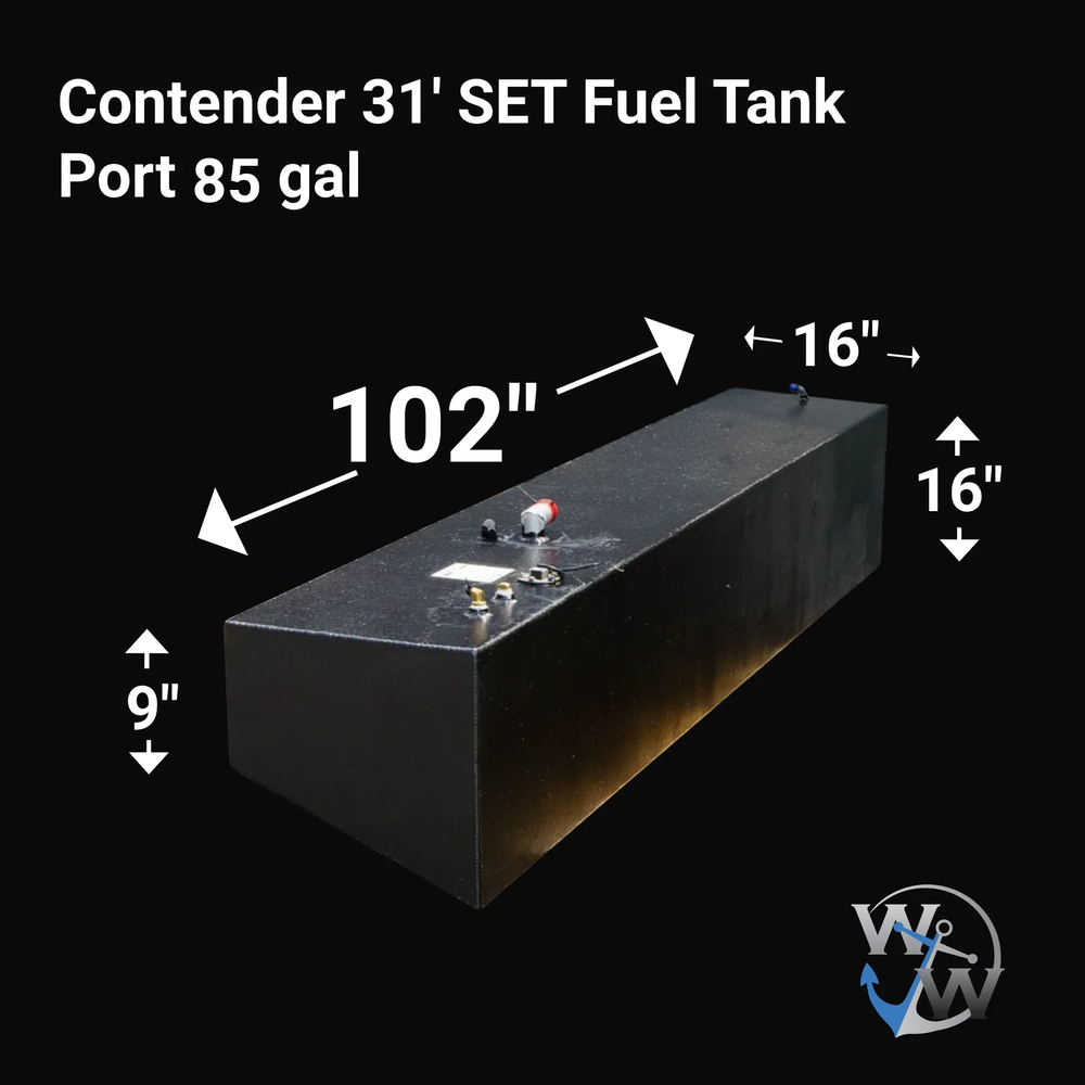 Contender 31' OEM Replacement Fuel Tank Combo Kit featuring one large belly tank with a capacity of 128 gallons, two standard saddle tanks each with a capacity of 85 gallons, and one water tank with a capacity of 21.26 gallons. The image shows a side view of the 85-gallon fuel tank, measuring 102 inches in length, 16 inches in width, and 9 inches in height



