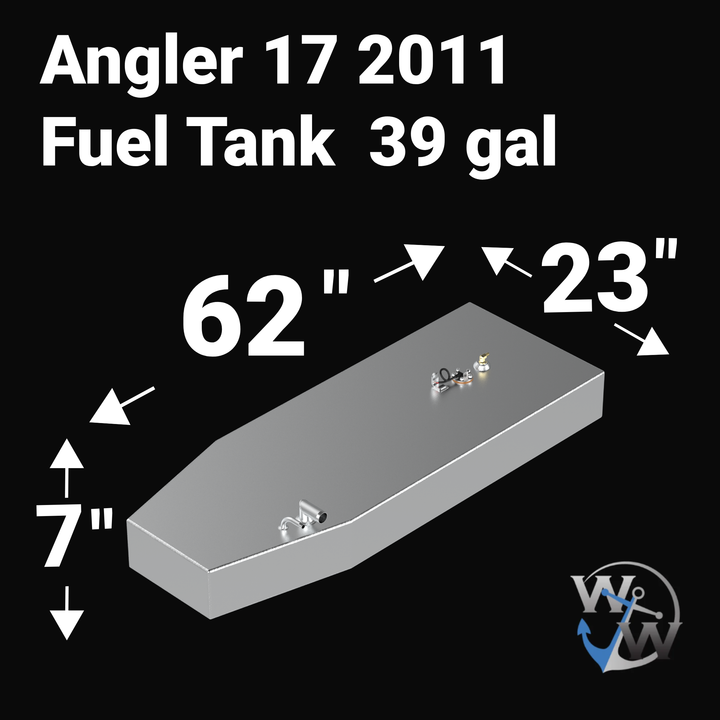 Top-down dimensional diagram of a 33-gallon OEM replacement fuel tank for an Angler 17, detailing a 36.5" length and 18.25" width, including the placement of the fuel sender, fill, vent, and pickup ports.