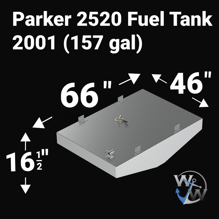 Top-down technical view of a 157-gallon Parker 2520 fuel tank. Showcases precision-placed fuel sending units and fill/vent ports on a direct-fit OEM replacement chassis.