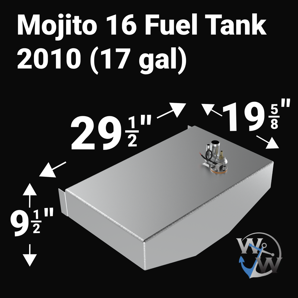 Top-down view of the Mojito 16 (2010) 17-gallon fuel tank, showcasing the precision-placed 1.5-inch fill, .625-inch vent, and fuel pickup. The Coal Tar Epoxy coating is visible across the entire top surface and mounting tabs, ensuring a corrosion-resistant barrier for foamed-in installations. This high-performance aluminum tank is built to CAD #12435-1 for a guaranteed drop-in fit.