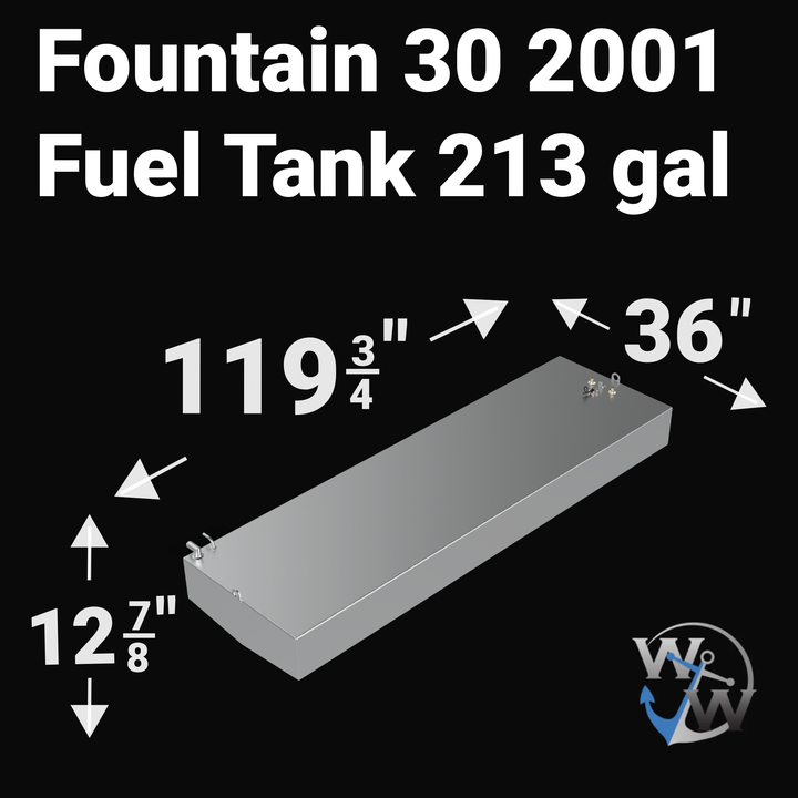 Top-down and side-profile CAD layout for the Fountain 30 (2001) 213-gallon fuel tank. Drawing details the 103-inch length, baffle locations, and the specific tapered aft geometry required for a guaranteed OEM fit in the hull.