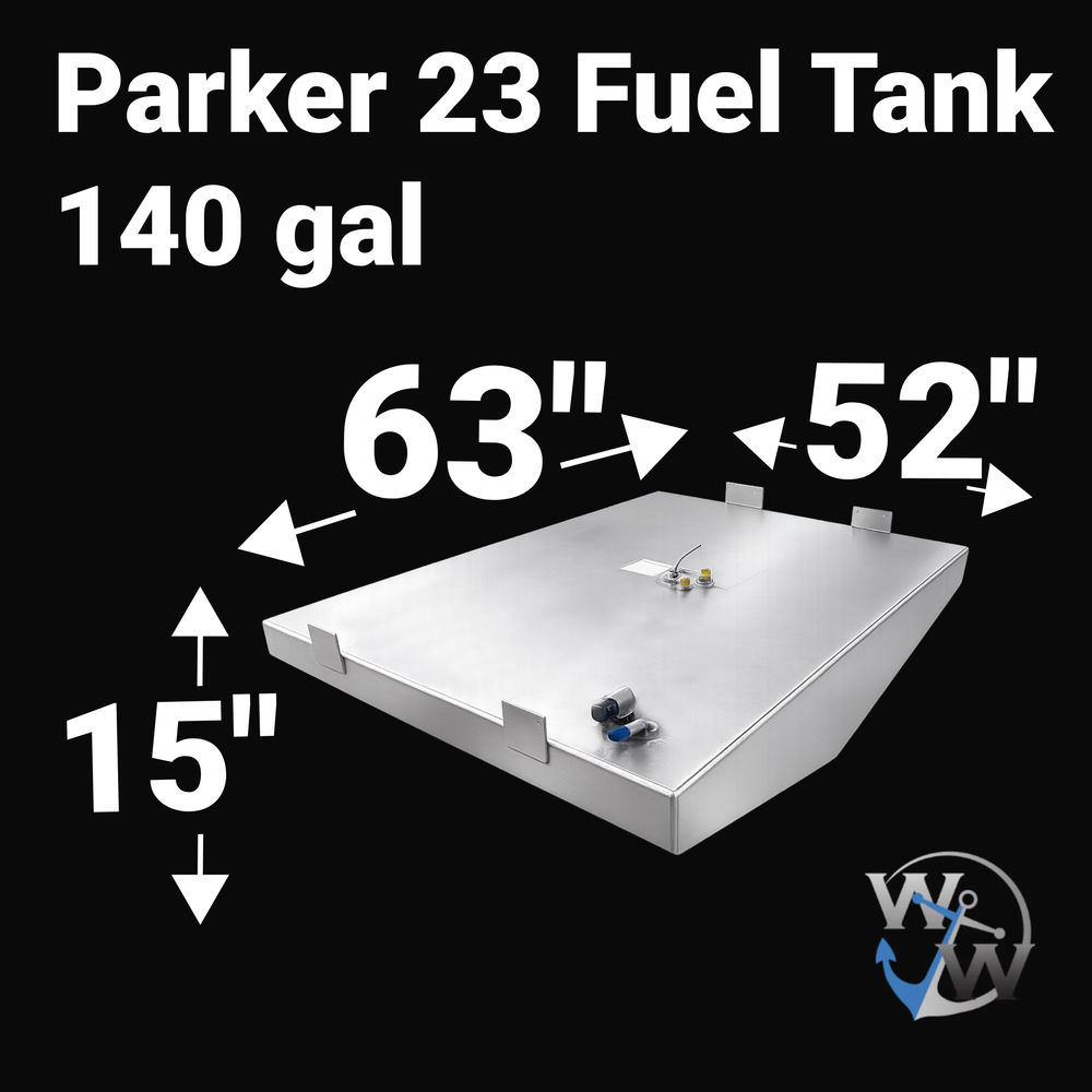 Dimensional technical diagram for a raw aluminum Parker 23 Fuel Tank 140 gal replacement from file image_97e7b8.jpg. The graphic displays precise technical specifications with measurements of 63" length, 52" width, and 15" height, showcasing a wide, low-profile rectangular box design with an angled bottom deadrise profile engineered by Welding World to conform perfectly to the vessel's central hull configuration. The unsealed variant tank body features heavy-duty welded aluminum mounting tabs along its uppe