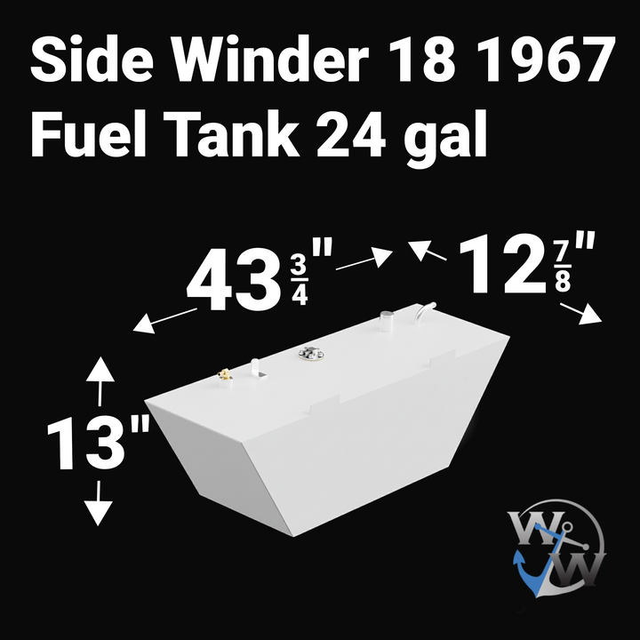 Isometric view of a white 1967 Side Winder 18 fuel tank with a tapered V-hull shape on a black background. White dimension text indicates a length of 43 3/4 inches, a width of 12 7/8 inches, and a height of 13 inches.