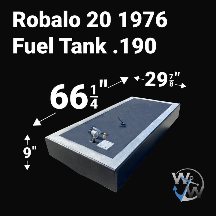 A photo of a boat fuel tank against a black background, labeled "Robalo 20 1976 Fuel Tank .190". Arrows indicate the tank's dimensions: 9 inches high, 66 1/4 inches long, and 29 7/8 inches wide. The tank has a dark center panel and a silver frame. A blue "WW" logo is in the bottom right corner.