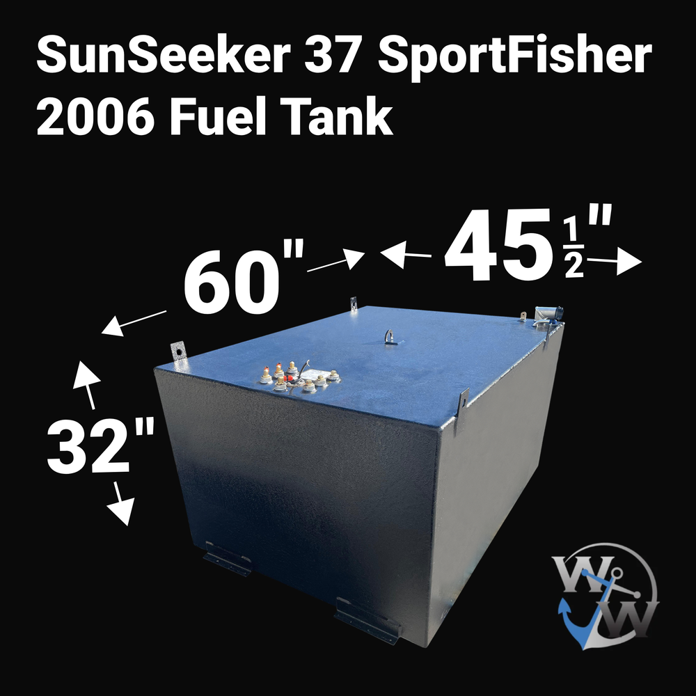 A photo of the SunSeeker 37 SportFisher 368-gallon fuel tank with labeled dimensions. The dark, textured tank measures 32 inches high, 60 inches long, and 45 1/2 inches wide, and is shown against a black background.