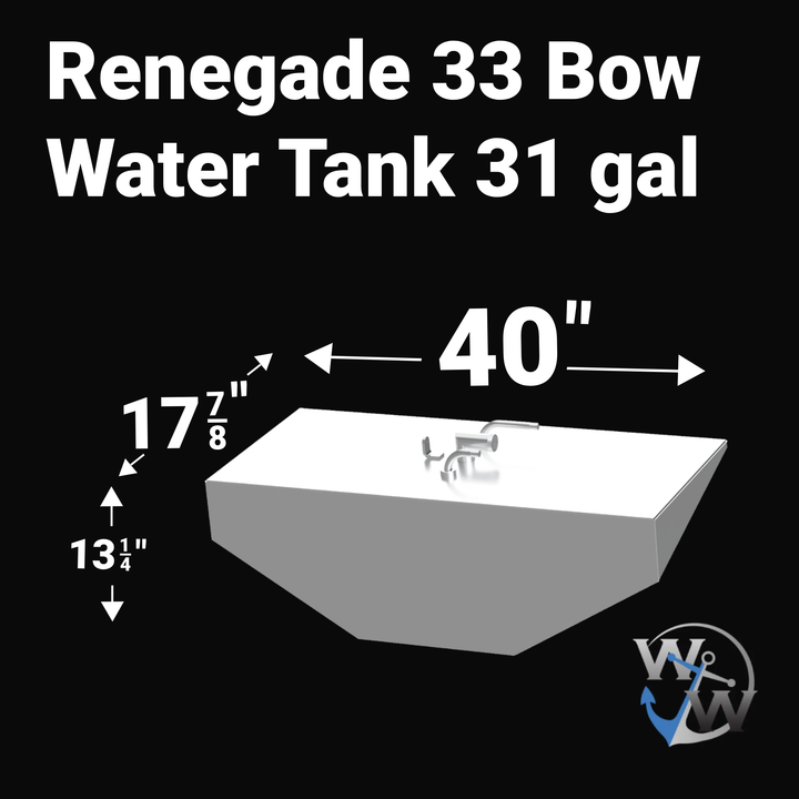 A diagram of a trapezoidal, silvery-gray boat water tank labeled "Renegade 33 Bow Water Tank 31 gal." The overall length is 40 inches. The height is $13 \frac{1}{4}$ inches, and the width or depth is $17 \frac{7}{8}$ inches. The tank has sloped sides and a fitting centered on the top surface. The logo "W&W" with an anchor is in the bottom right corner.