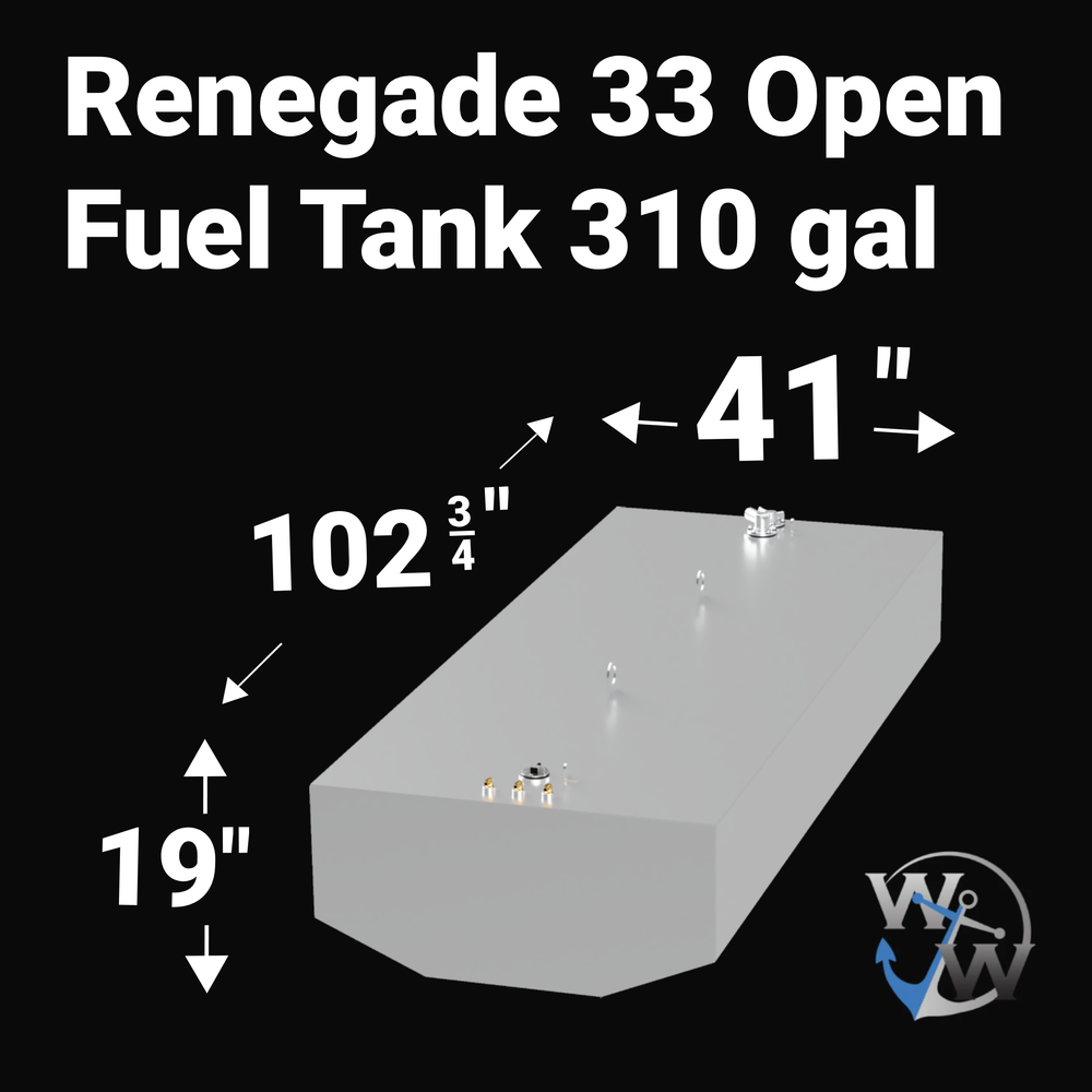 A 3D render of a boat fuel tank against a black background, labeled "Renegade 33 Open Fuel Tank 310 gal". Arrows indicate the tank's dimensions: 19 inches high, 102 3/4 inches long, and 41 inches wide. A blue "WW" logo is in the bottom right corner.