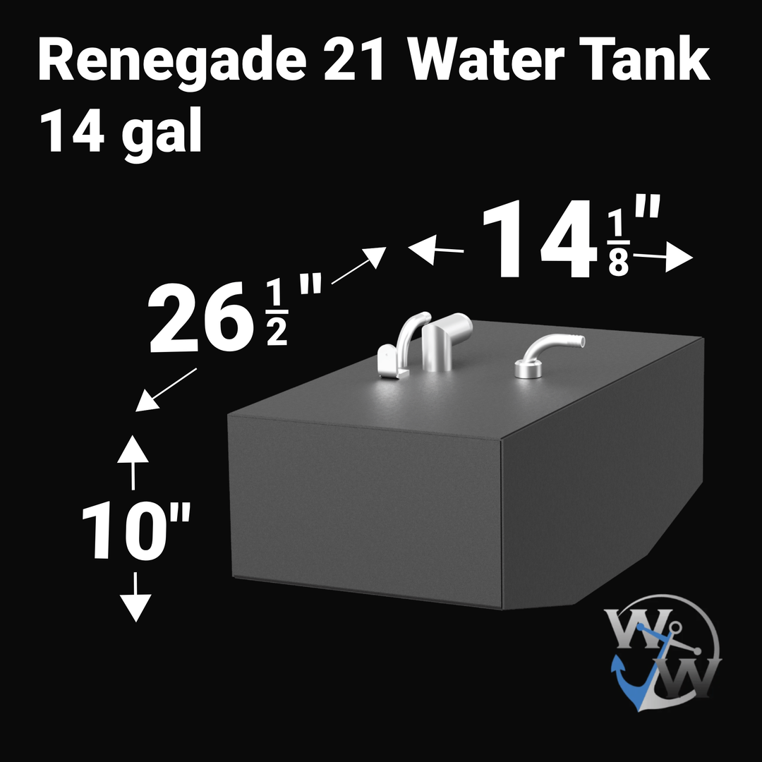 Diagram of a Renegade 21 Water Tank, 14 gallon capacity. Dimensions are 26 1/2 inches long, 14 1/8 inches wide, and 10 inches high