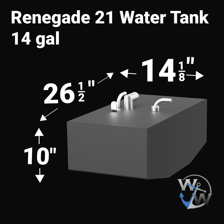 Diagram of a Renegade 21 Water Tank, 14 gallon capacity. Dimensions are 26 1/2 inches long, 14 1/8 inches wide, and 10 inches high