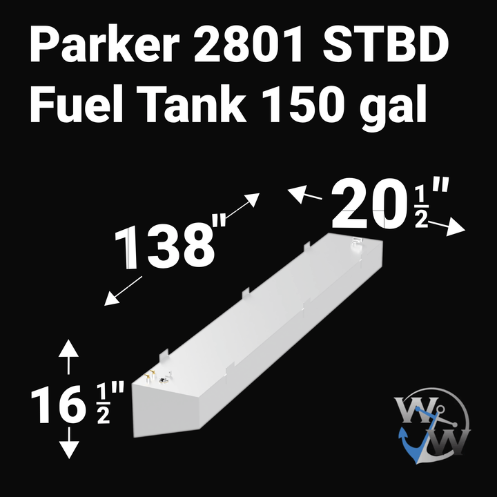 A product diagram for a Parker 2801 STBD (Starboard) Fuel Tank with a 150-gallon capacity. The image displays a 3D rendering of a long, silver, rectangular aluminum tank with fittings on top. The dimensions are clearly labeled with white arrows: 138 inches in length, 20 1/2 inches in width, and 16 1/2 inches in height.