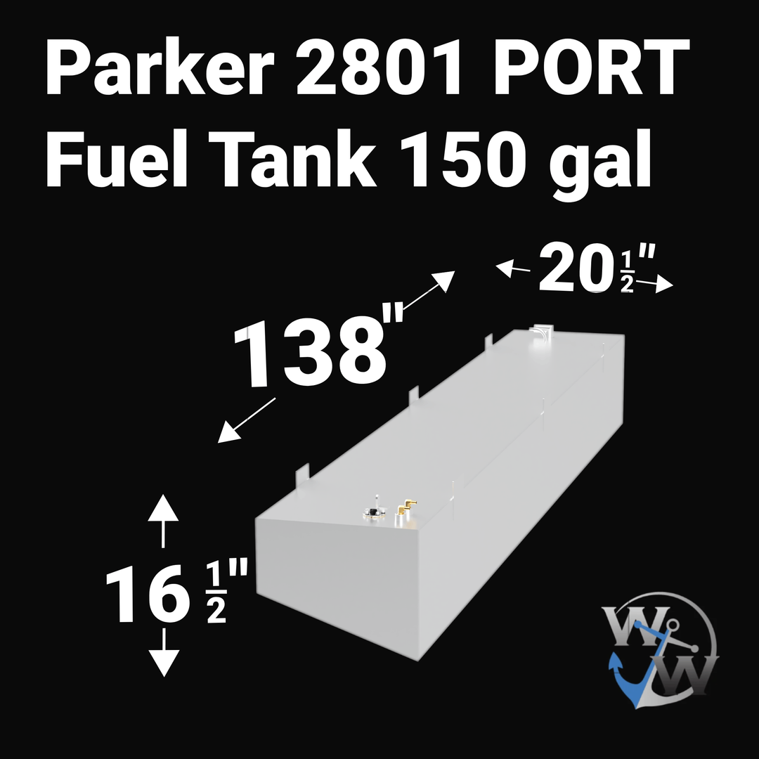 A product diagram for a Parker 2801 PORT Fuel Tank with a 150-gallon capacity. The image displays a 3D rendering of a long, silver, rectangular aluminum tank with fittings on top. The dimensions are clearly labeled with white arrows: 138 inches in length, 20 1/2 inches in width, and 16 1/2 inches in height.
