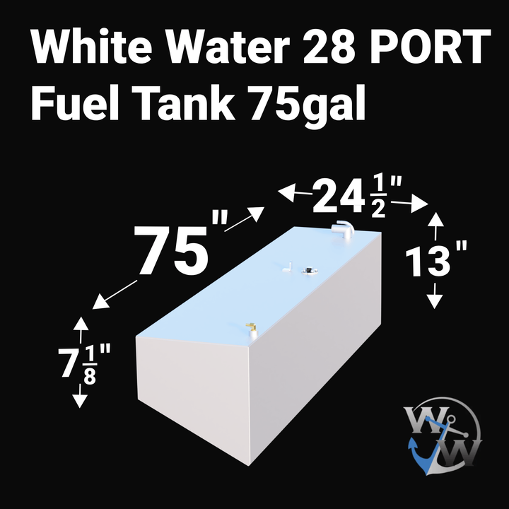 Dimensioned graphic of the White Water 28 Port replacement fuel tank (75 gal), displaying exact measurements: 75 inches long, 24 1/2 inches wide, and a tapered height ranging from 13 inches down to 7 1/8 inches. Shows the specific hull-fitting profile for the port side.