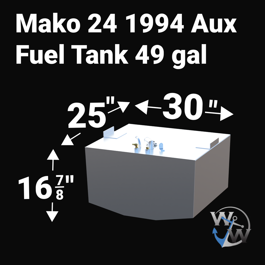 Fuel tank dimensions labeled for Mako 24 1994 Aux with measurements on a black background.