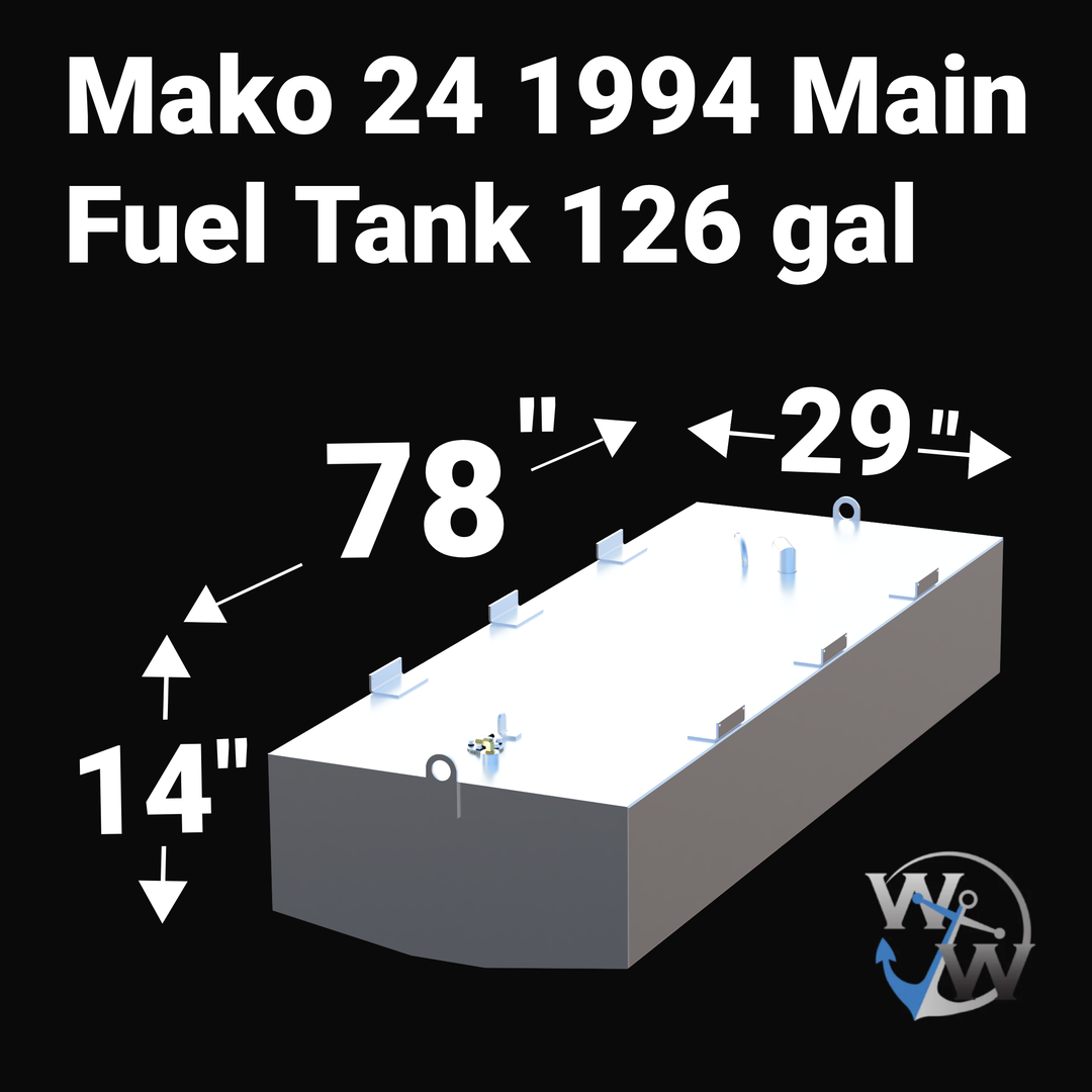 Dimensions of Mako 24 (1994) Main fuel tank (126 gal): 78 inch length, 29 inch width, 14 inch height.