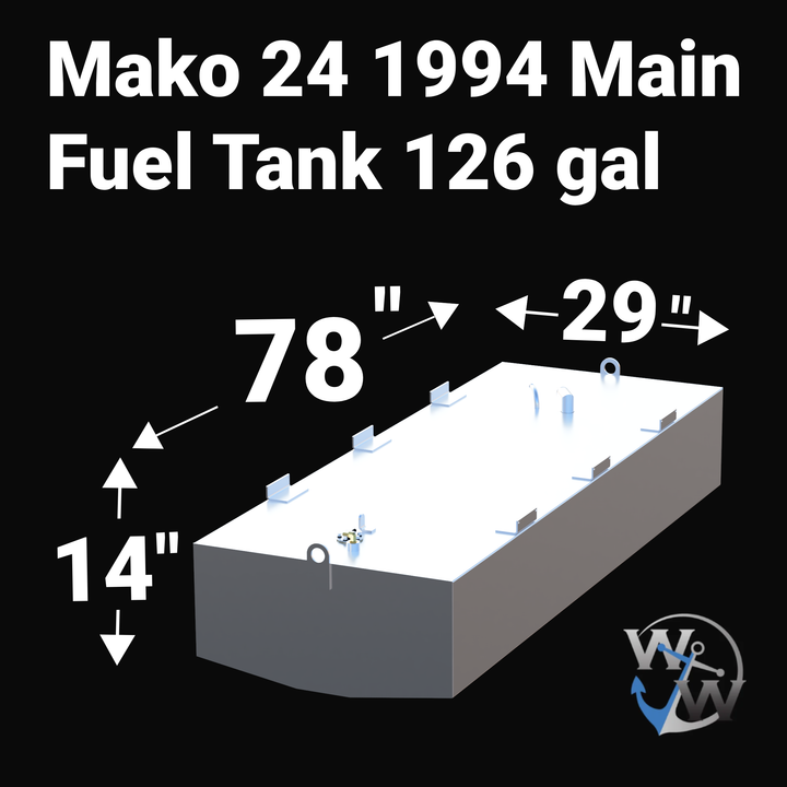 Dimensions of Mako 24 (1994) Main fuel tank (126 gal): 78 inch length, 29 inch width, 14 inch height.