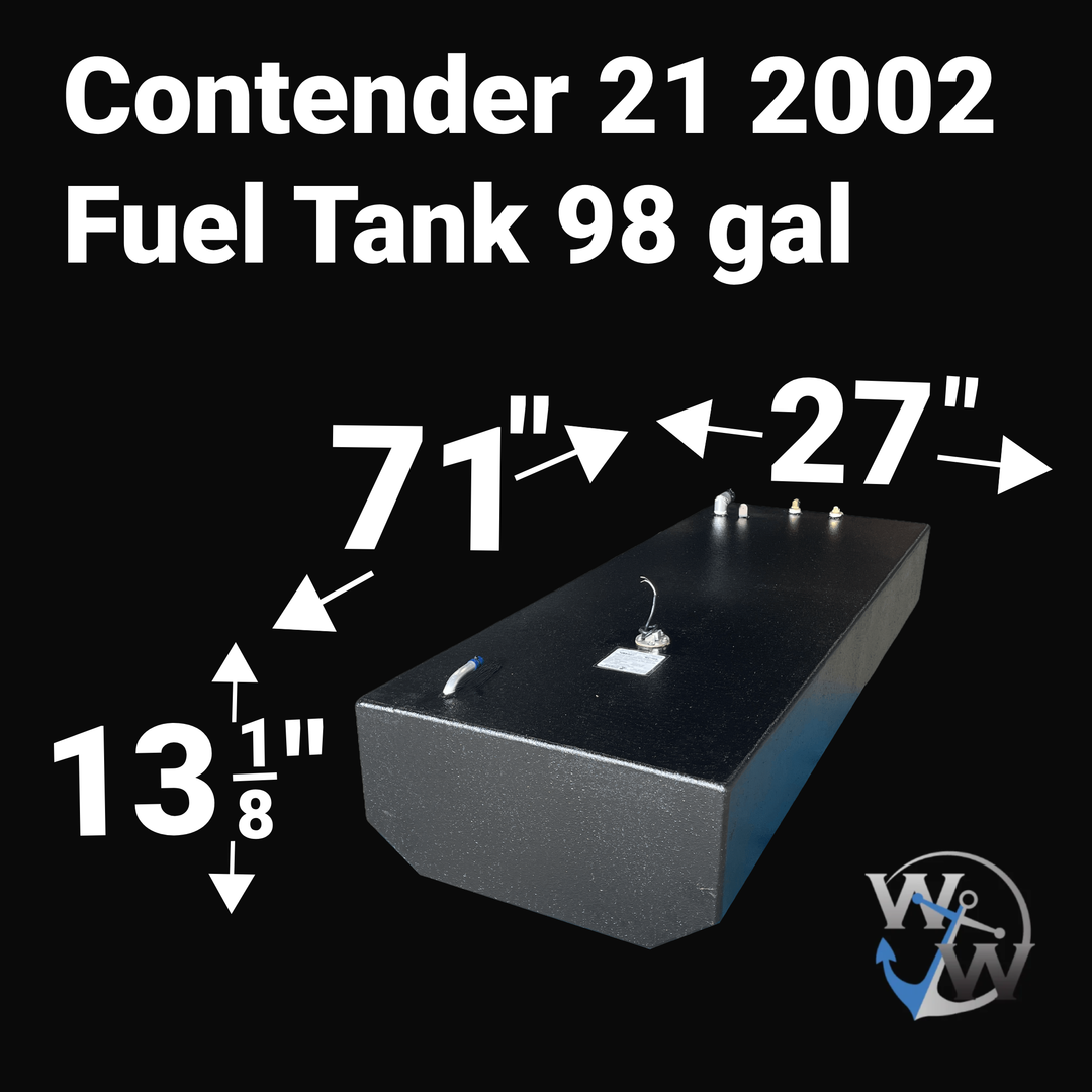 Dimensions of Contender 21 (2002) 98 gal fuel tank: 71 inch length, 27 inch width, 13 1/8 inch height.