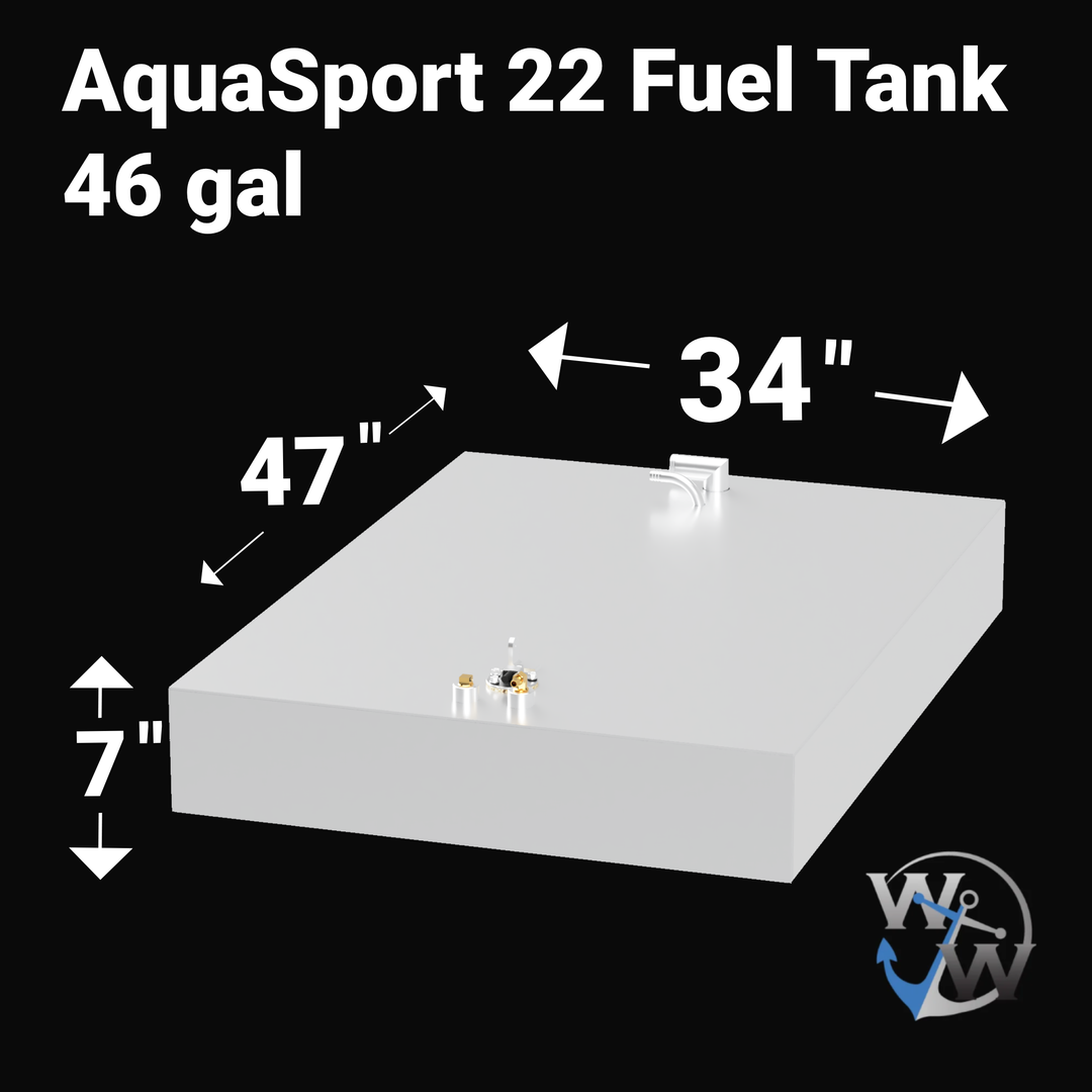 Image of the AquaSport 22 Fuel Tank with a capacity of 46 gallons. The tank is rectangular and measures 34 inches in width, 47 inches in length, and 7 inches in height. It features a fuel fill and vent on the top surface. The background is black, highlighting the tank's dimensions and specifications