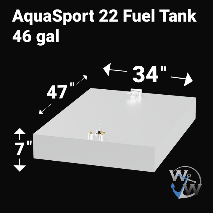 Image of the AquaSport 22 Fuel Tank with a capacity of 46 gallons. The tank is rectangular and measures 34 inches in width, 47 inches in length, and 7 inches in height. It features a fuel fill and vent on the top surface. The background is black, highlighting the tank's dimensions and specifications