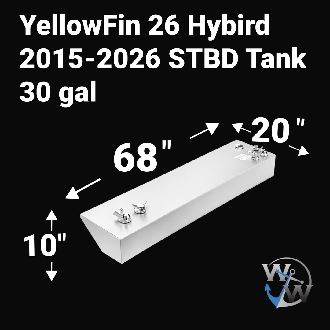 Dimensional diagram for a 30-gallon starboard (STBD) OEM replacement fuel tank for a 2015-2026 Yellowfin 26 Hybrid, showing engineering measurements: 68" length, 20" width, and 10" height with a tapered wedge-hull profile and mill-finish aluminum.