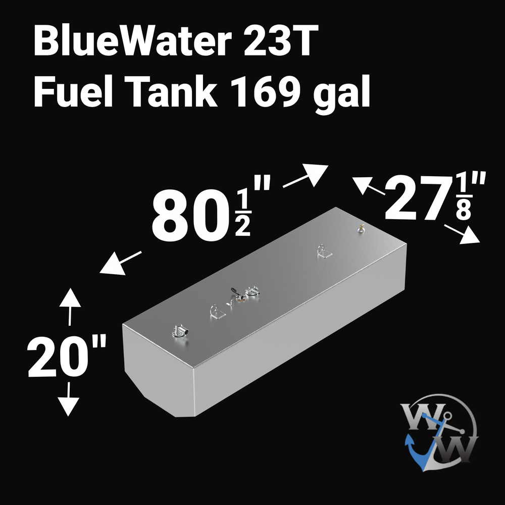3D isometric rendering of a 169-gallon BlueWater 23T aluminum fuel tank on a solid black background, featuring white text overlays for dimensions: 80.5" length, 27.125" width, and 20" height, with top-mounted fuel fittings and a KUS sending unit visible.