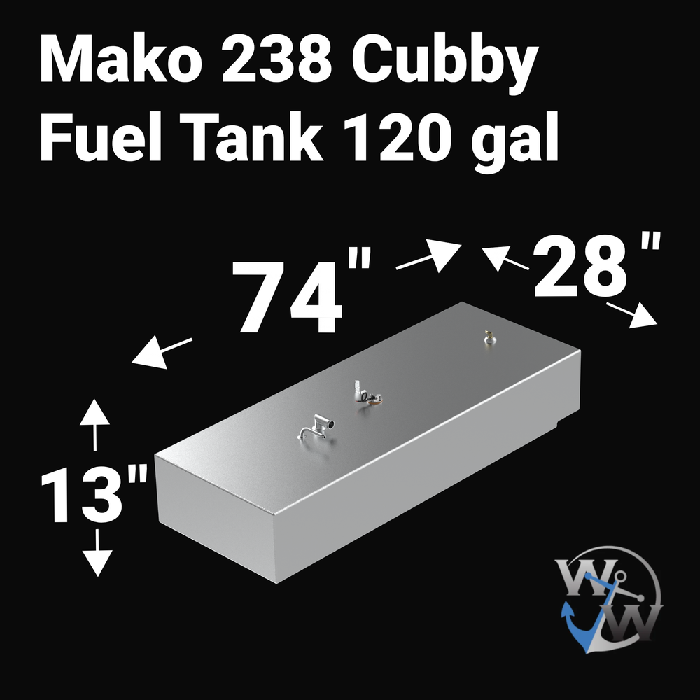 3D isometric rendering of a matte black 120-gallon Mako 238 Cubby replacement fuel tank with a textured coal-tar epoxy finish, featuring top-mounted stainless steel fittings and a KUS sending unit on a solid black background.