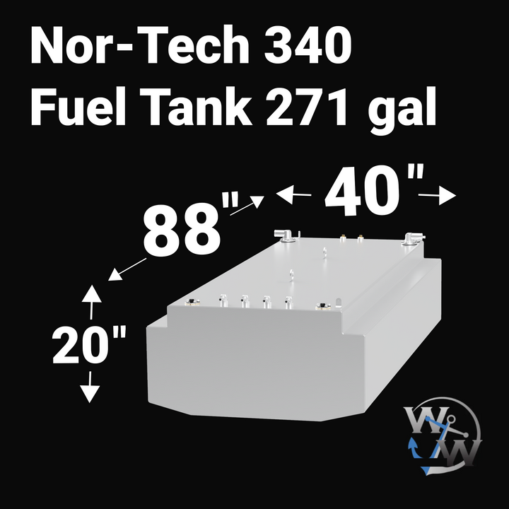 Dimensional diagram of a silver Nor-Tech 340 marine fuel tank with a 271-gallon capacity. The graphic displays white text measurements indicating the tank is 88 inches long, 40 inches wide, and 20 inches high.
