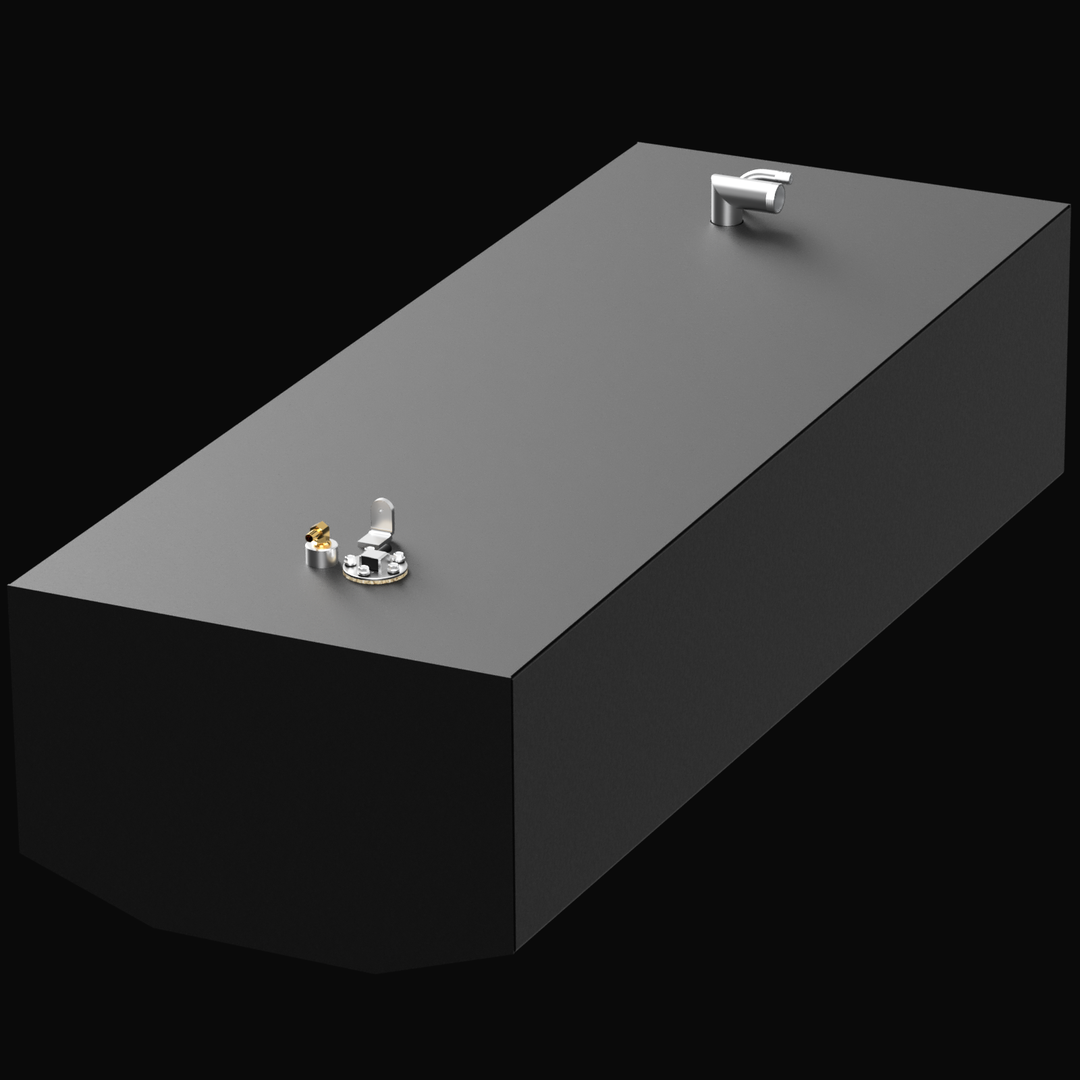 A 3D render of a long, rectangular, dark grey fuel tank with silver and brass-colored fittings on top, shown at an angle against a black background.