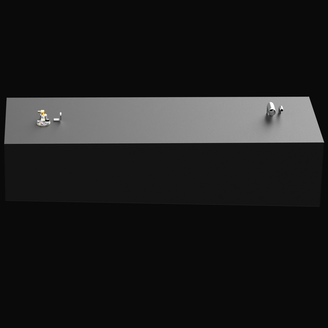 A 3D render showing a long side profile of a dark grey boat fuel tank, with silver and brass-colored fittings visible on the top surface, against a black background.