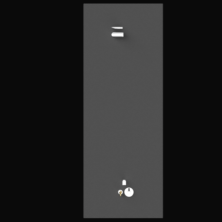 A 3D render showing a direct top-down view of a long, dark grey boat fuel tank, highlighting the silver and brass-colored fittings on its surface against a black background.
